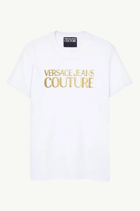 VERSACE JEANS COUTURE Men Logo Print T-Shirt in White/Gold Cotton