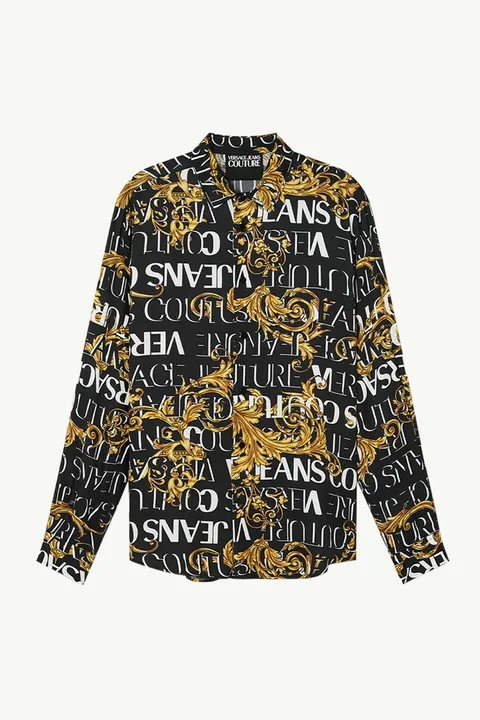 VERSACE JEANS COUTURE Men All Over Couture Print Long Sleeves Shirt in Black/Gold Viscose
