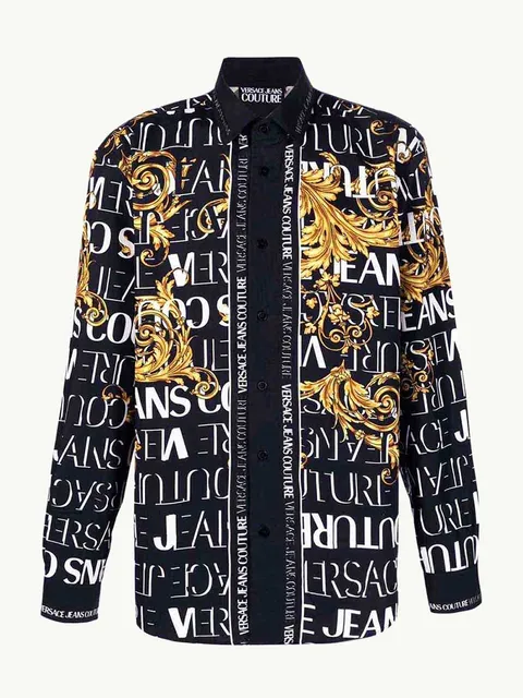 VERSACE JEANS COUTURE Men Panel Logo Baroque Long Sleeves Shirt in Black/Gold