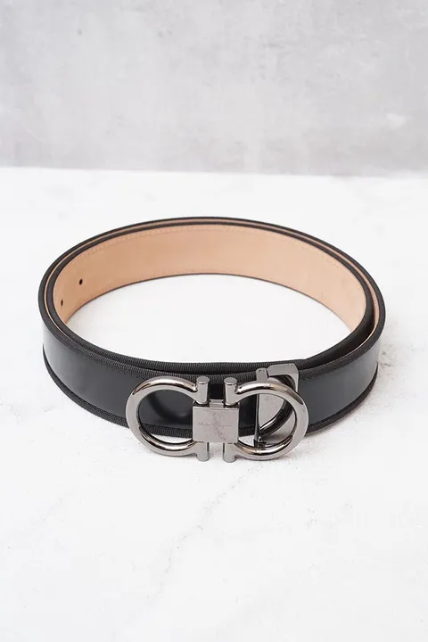 SALVATORE FERRAGAMO Men Adjustable Grosgrain Lining Gancini Belt 3.5cm in Black/Natural