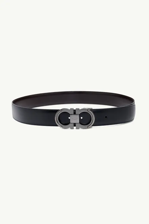 SALVATORE FERRAGAMO Men Reversible Gancini Belt 3.5cm in Black/Brown Smooth Calf SHW with Burnished Buckle