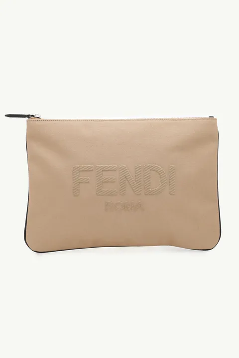 FENDI Medium Zipped Pouch in Beige Canvas with Embroidered FENDI ROMA Logo