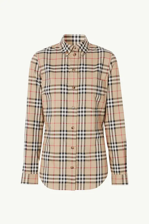 BURBERRY Women Button-Down Collar Vintage Check Stretch Cotton Shirt in Archive Beige
