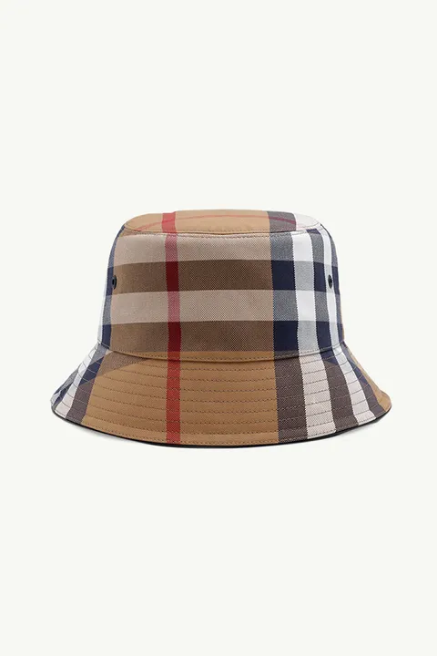 BURBERRY Men Check Cotton Bucket Hat in Birch Brown Canvas with Supple Lambskin