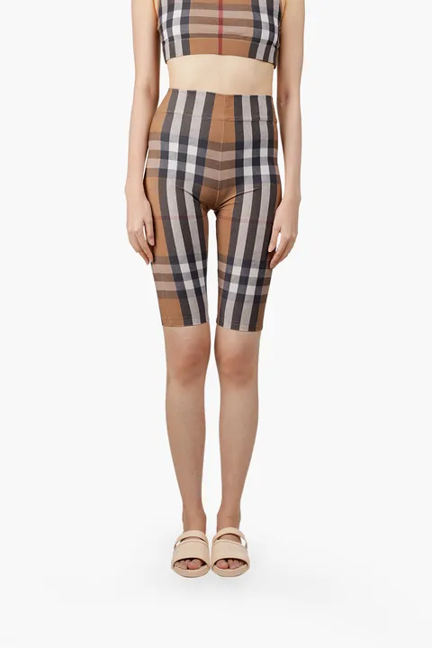 BURBERRY Women Check Print Stretch Jersey Cycling Shorts in Birch Brown