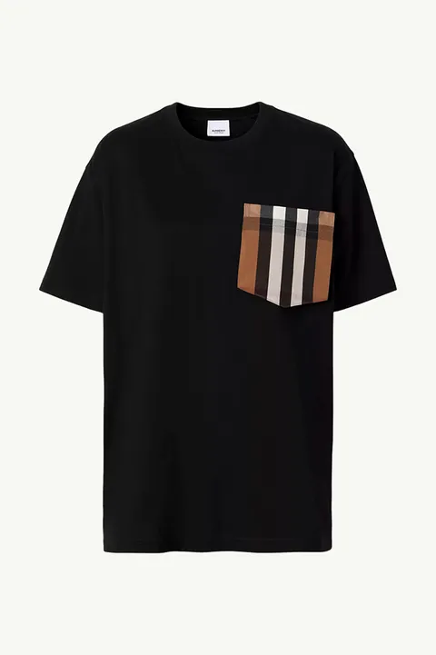 BURBERRY Women Check Pocket Cotton Oversized T-Shirt in Black