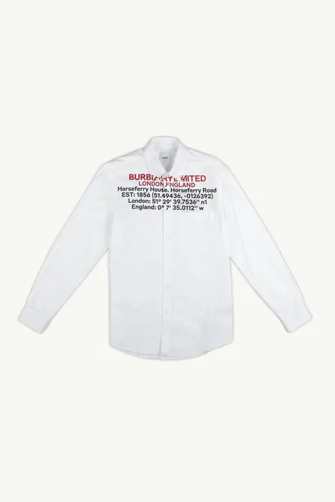 BURBERRY Men Location Print Cotton Long Sleeves Shirt in Optic White