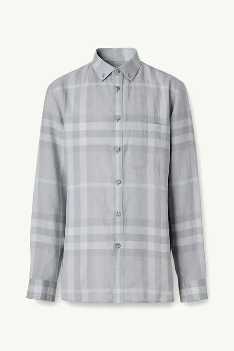 BURBERRY Men Button-Down Collar Check Linen Long Sleeve Shirt in Grey Taupe