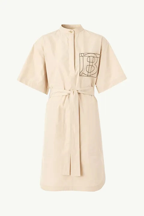BURBERRY Women Monogram Motif Cotton Tie-Waist Shirt Dress in Almond Beige