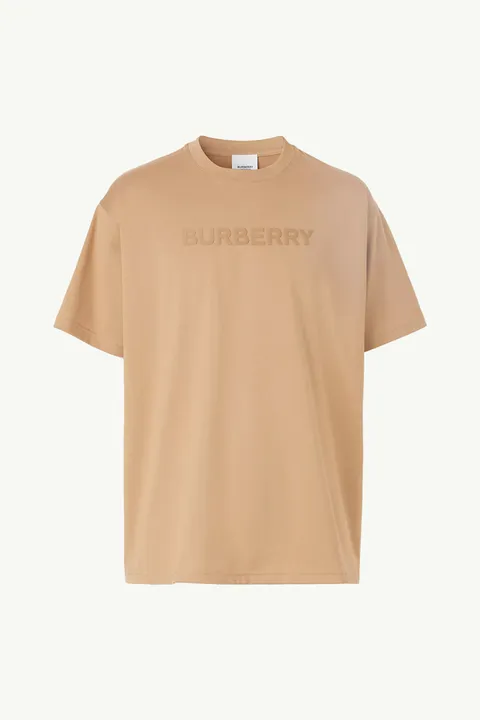 BURBERRY Men Logo Print Cotton Oversized T-Shirt in Camel
