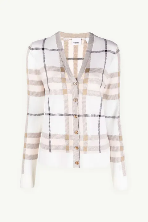 BURBERRY Women Check Intarsia Wool Silk Cotton Cardigan in Beige