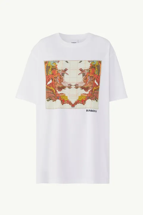 BURBERRY Women Map Print Cotton Oversized T-Shirt in White