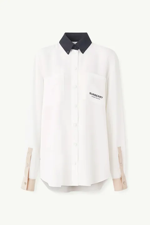 BURBERRY Women Logo Detail Silk Crepe De Chine Long Sleeves Shirt in Natural White