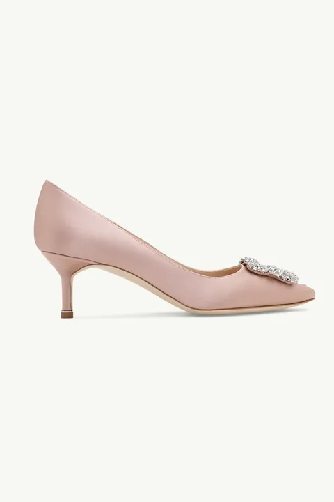 MANOLO BLAHNIK Hangisi 5cm Pumps in Champagne Satin with White Crystal