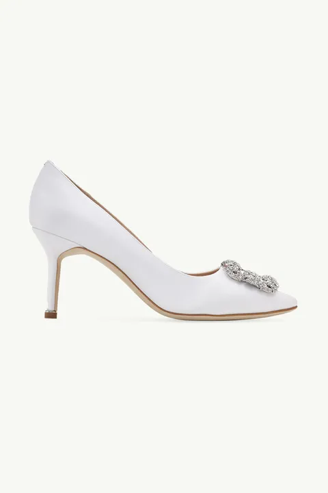 MANOLO BLAHNIK Hangisi 7cm Pumps in Light Cream Satin with White Crystal