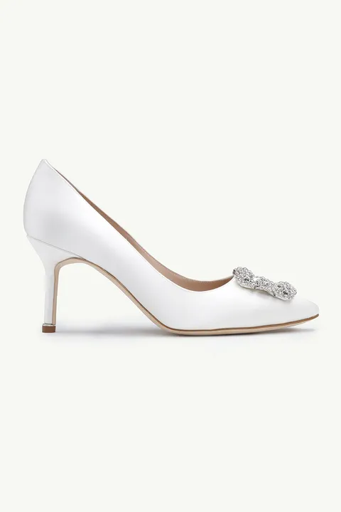 MANOLO BLAHNIK Hangisi 7cm Pumps in Cream Satin with White Crystal