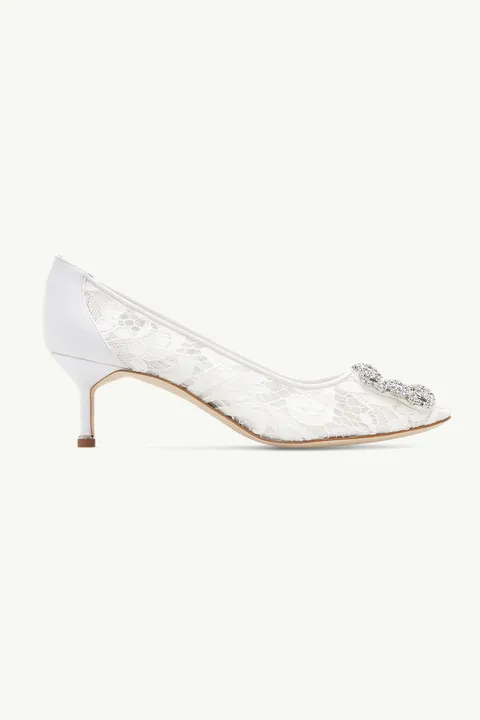 MANOLO BLAHNIK Hangisi Lace Pumps 5cm in Cream with White Crystal