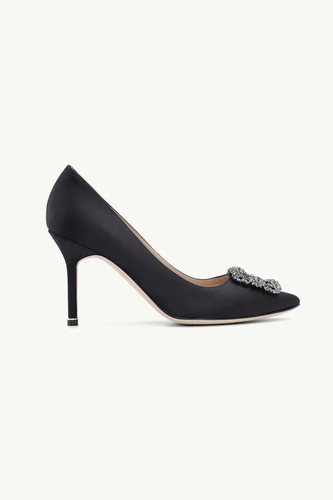 MANOLO BLAHNIK Hangisi 9cm Pumps in Black Satin with Dark Crystal