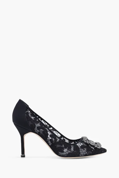 MANOLO BLAHNIK Hangisi Lace Pumps 9cm in Black with Dark Crystal