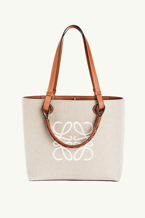 LOEWE Small Anagram Tote Bag in Ecru/Tan Jacquard and Calfskin