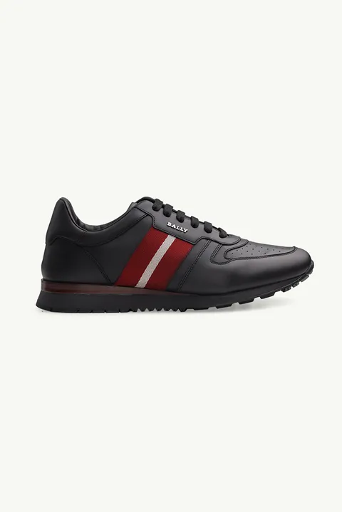 BALLY Men Astel Sneakers in Black Calf Leather with Red/White Stripe