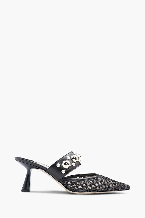 JIMMY CHOO Basette Mules 65mm in Black Woven Raffia Net with Pearls x Studs