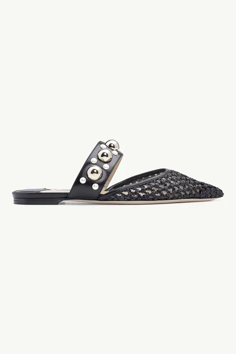 JIMMY CHOO Basette Flat Mules in Black Woven Raffia Net with Pearls x Studs