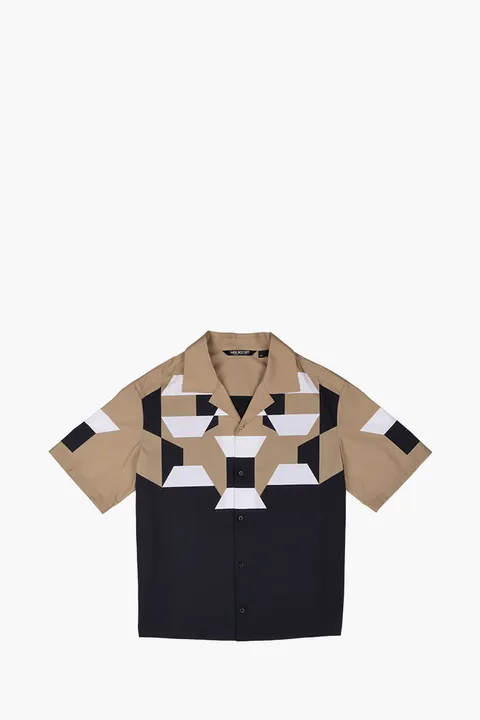 NEIL BARRETT Men Cubist Fair-Isle Colour Block Bowling Loose Fit Shirt in Black/Camel/White