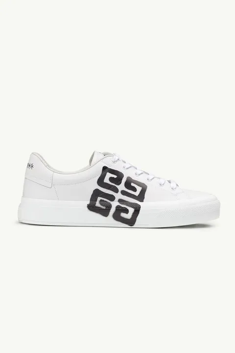 GIVENCHY X CHITO Men City Sport Sneakers in White/Black Smooth Leather with Tag-Effect 4G Print