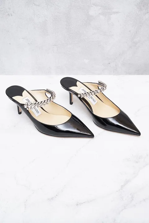 JIMMY CHOO Bing Mules 65mm in Black Patent with Crystal Strap