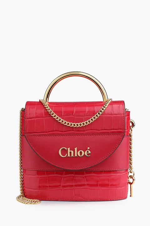 CHLOE Small Abylock Top Handle Bag in Crimson Pink Croco Leather with Chain Strap