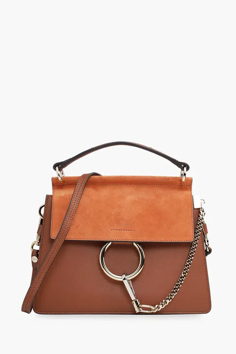 CHLOE Small Faye Top Handle Bag in Classic Tobacco Smooth Leather x Suede