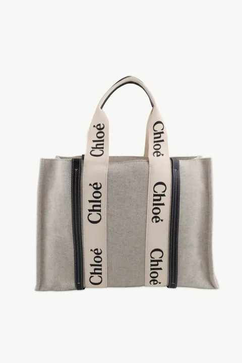 CHLOE Large Woody Tote Bag in White/Full Blue Cotton Canvas x Shiny Calfskin with Woody Ribbon