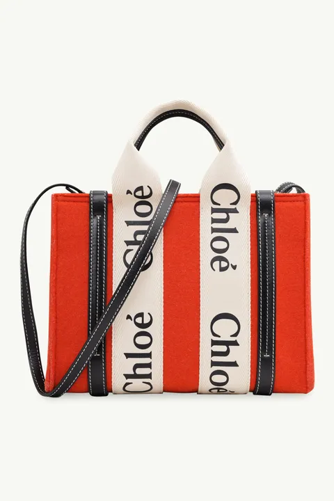 CHLOE Small Woody Tote Bag in Flame Orange Recycled Felt & Shiny Calfskin with Woody Ribbon