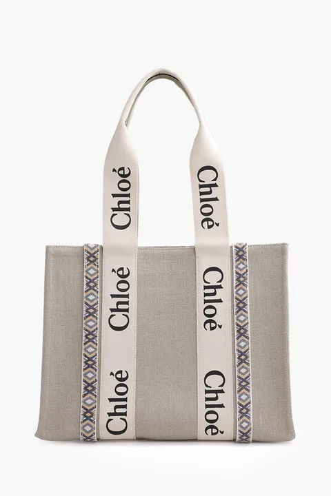 CHLOE Medium Woody Tote Bag in Slate Green Linen x Shiny Calfskin with Handmade Ribbon