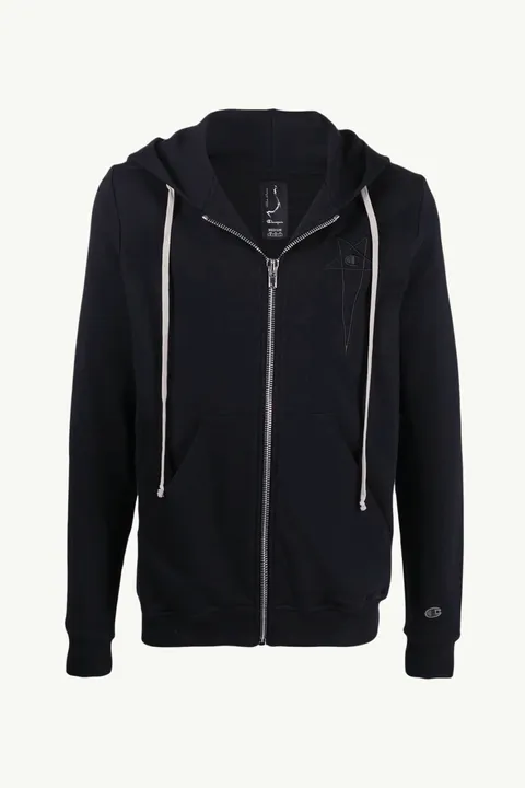 RICK OWENS x CHAMPION Men Embroidered Logo Jacket in Black with Hoodie