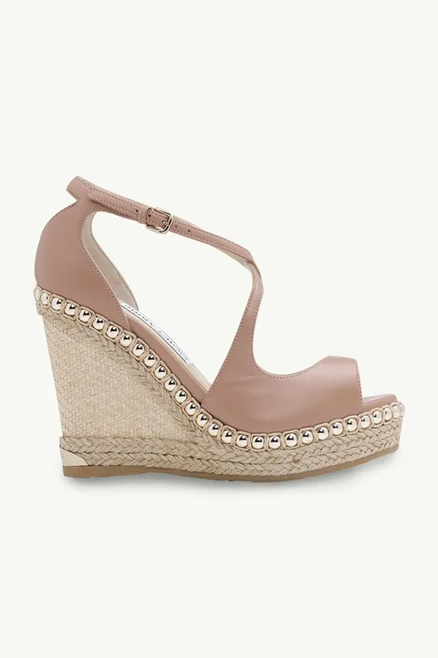 JIMMY CHOO Dakota Ankle Strap Wedges 120mm in Ballet Pink Nappa with Metal Pearls