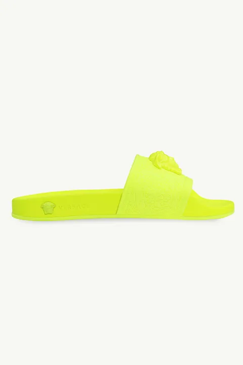 VERSACE Women Baroque Medusa Slide Sandals in Fluo Yellow