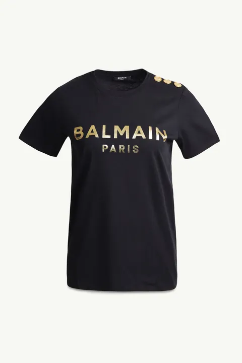 BALMAIN Women 3 Buttons Balmain Metallic Bold Logo T-Shirt in Black/Gold