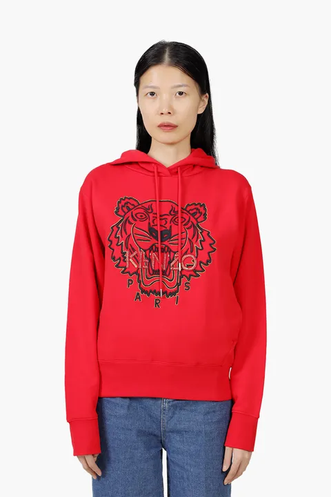 KENZO Women Embroidered Tiger 'The Year of The Tiger Capsule' Sweatshirt in Medium Red with Hoodie