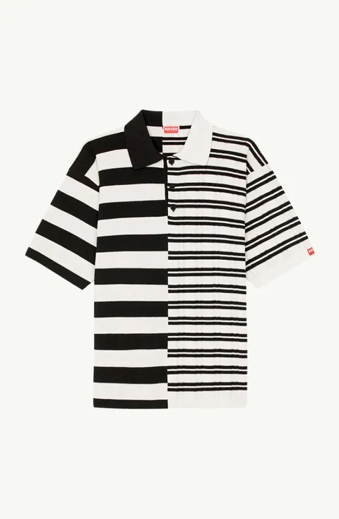 KENZO Men Striped Merino Wool Loose Fit Jumper in Off White/Black with Collar & Buttons
