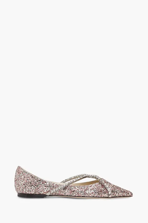 JIMMY CHOO Genevi Pointed-Toe Flat in Rose Coarse Glitter Fabric with Crystal Chain