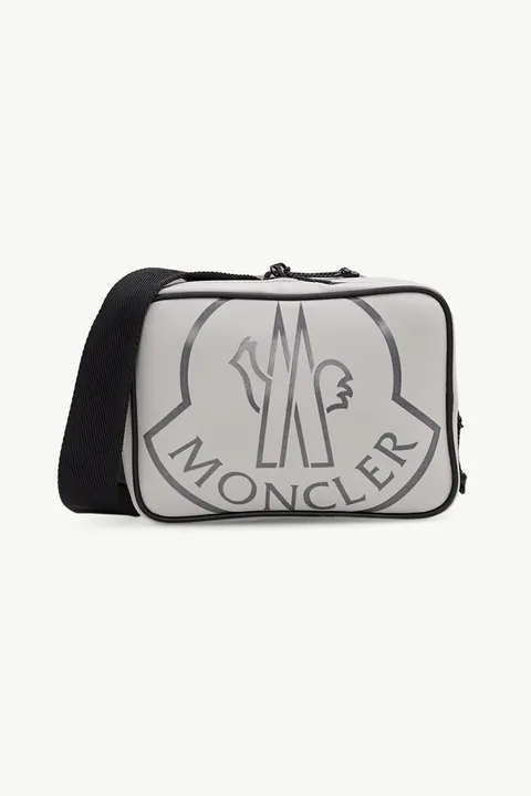 MONCLER Cut Cross Belt Bag in Grey with Logo Print