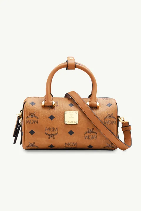 MCM Mini Essential Boston Top Handle Bag in Cognac with Crossbody Strap