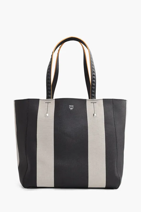 MCM Large Striped Shopper Tote Bag in Black/Beige Canvas with Stud Handle