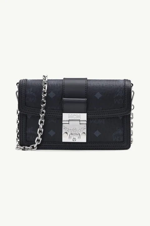 MCM Mini Tracy Chain Crossbody Bag in Black Visetos x Vachetta Leather