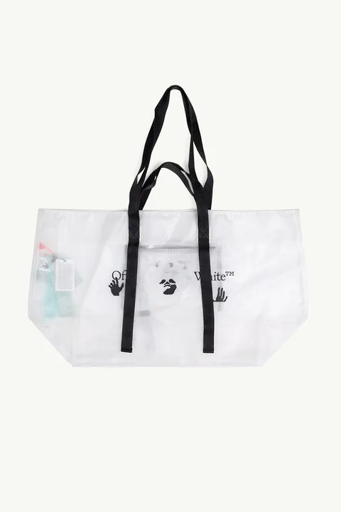 OFF WHITE Large Diagonal Hands Logo PVC Tote Bag in White/Black with Industrial Belt Handle