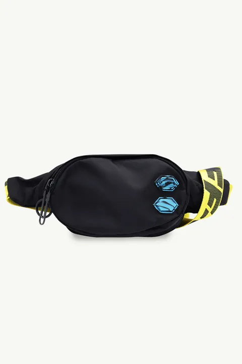 OFF WHITE Men Nylon Logo Patch Bum Bag in Black with Yellow Industrial Strap