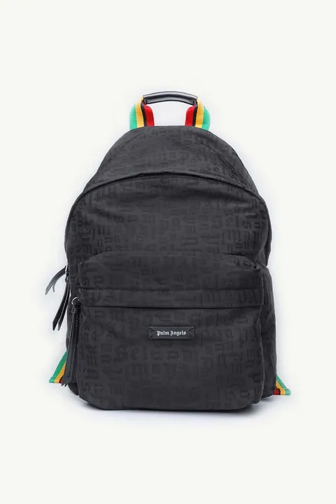 PALM ANGELS Monogram Pattern Backpack in Black with Multicolor Strap