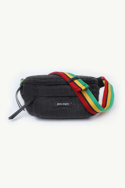 PALM ANGELS Monogram Pattern Bumbag in Black with Multicolor Strap
